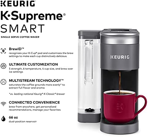 מכונת קפה עם הגשה יחידה חכמה של קיוריג ק-סופרם עם תאימות לאינטרנט אלחוטי, 4 גדלי בישול ומאגר נשלף של 66