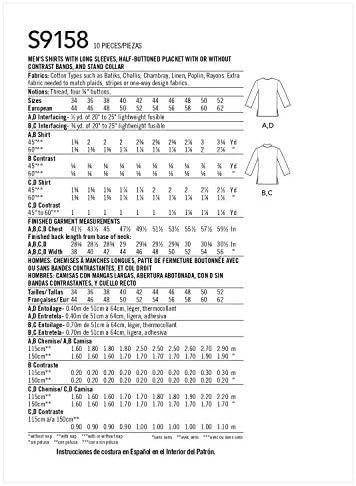 פשטות דפוס תפירה S9158 - חולצות כופתיות של גברים, גודל: AA