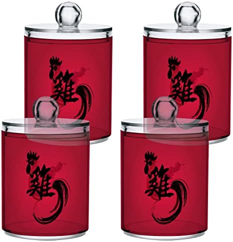 Yyzzh תו סיני מילה תרנגול עיצוב לשנה החדשה על אדום 4 חבילה מתקן מחזיק QTIP לכדור כותנה של כותנה כפפות עגול
