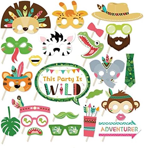 25 חתיכות של ג'ונגל שבטי חיה דוכן פוטו אבזרים עם מקלות, תנינים, קופים, פילים וכו ', אבזרי Selfie נושא המסיבה,