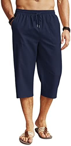 מכנסי קפרי פשתן קואופנדי קפרי משקל קל משקל 3/4 מכנסיים רחבים שרוך מותניים אלסטיים חוף יוגה מכנסיים עם כיסים