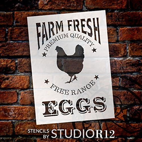 ביצים טריות בחווה, סטנסיל עוף מאת סטודיו12 / תבנית מיילר לשימוש חוזר / צבע, גיר / שימוש ליצירה, שלטי עץ וינטג', עיצוב