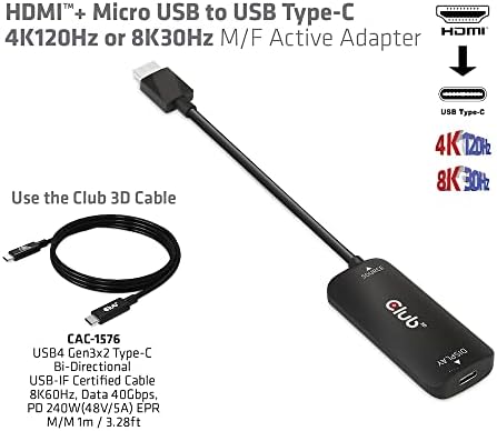 Club3D CAC-1336 HDMI ™+ MICRO USB ל- USB Type-C 4K120Hz או 8K30Hz M/F מתאם פעיל