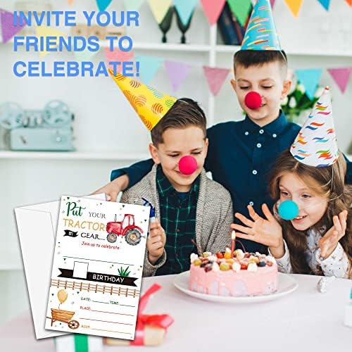 הזמנות ליום הולדת לטרקטור, הכניסו את הטרקטור שלך להילוך, הזמנות למסיבת יום הולדת של 20 ספירות יום הולדת עם מעטפות, קישוטים