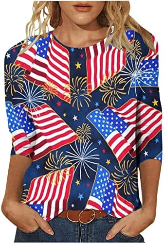 נשים 3/4 שרוולים חולצה כוכבים פס שחבור הדפסת טוניקה למעלה פטריוטית חולצות עצמאות יום גבירותיי טיז חולצה