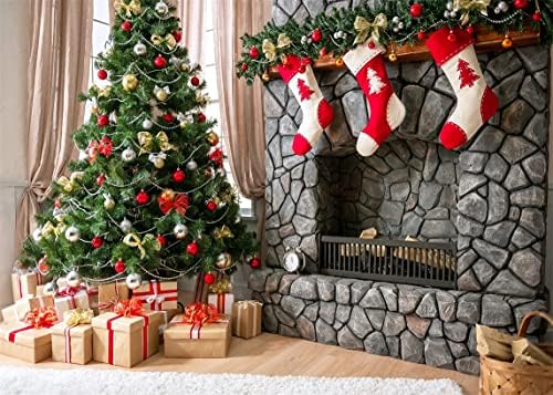 BELECO 10X8FT בד חג המולד תפאורה מקורה צילום תפאורה אחי גרבי אח חג המולד מתנות עץ רקע לחג המולד לשנה החדשה ציוד מסיבות חג תינוקות