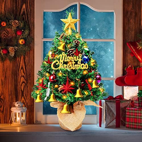 עץ חג המולד מיני, 22 עץ אורן קטן לחג המולד, עץ חג המולד של שולחן השולחן עם אורות מיתר LED, כדורי חג מולד,