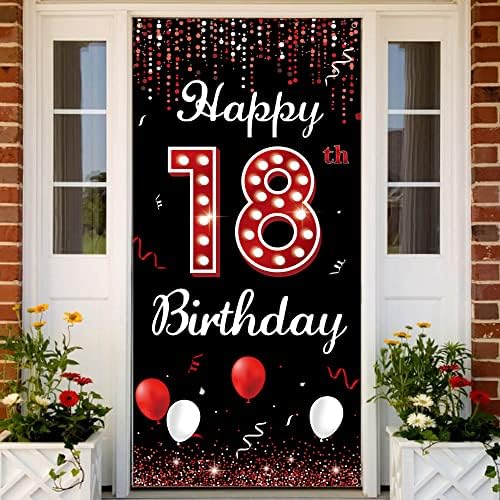 תפאורה של דלת יום הולדת 18, קישוטי יום הולדת 18 מאושרים לבנות שחור אדום, אבזרי צילום יום הולדת בן 18, שמונה עשרה עיצוב שלט