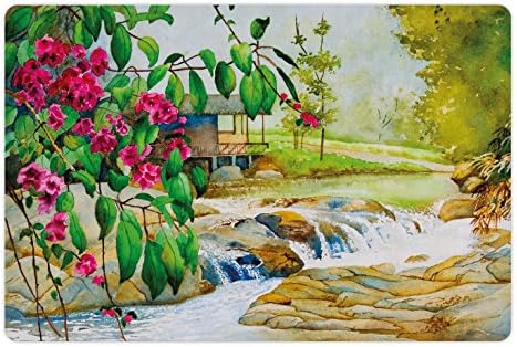 מחצלת לחיות מחמד נוף למזון ומים, ציור בצבעי מים נוף אביב בתאילנד עצי מפל פורחים אמנות, מלבן מחצלת גומי מונעת