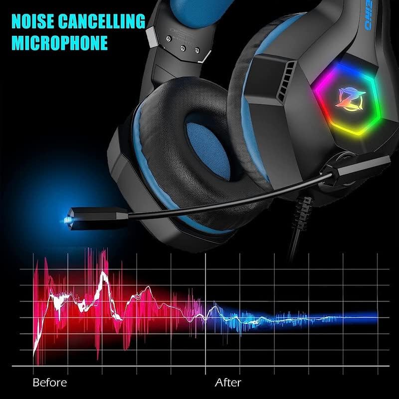 אוזניות משחק עבור PS4 Xbox One PC, על אוזניות משחקי אוזניים עם מבטל רעש בקרת עוצמת נפח מיקרופון RGB LED,