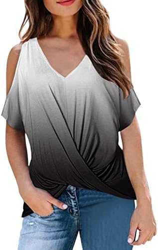 חולצות שיפוע של צ'רלה לבנות שרוול קצר מהכתף צוללת מחשוף צוואר מרובע בראנץ 'עוטף חולצות רגילות נשים