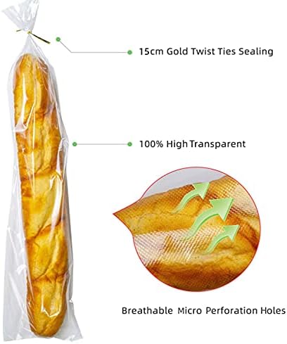 שקיות לחם צרפתיות בגודל 11 על 18 אינץ' , 100 שקיות ארוכות באוגט מפלסטיק שקוף עם קשרי טוויסט בחינם-מרק מחורר, מעובה, בטוח