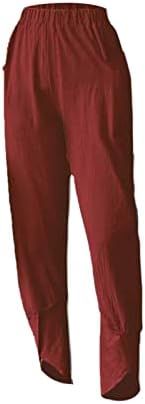 פשתן קצוץ רופף כושר קפריס מכנסיים לנשים מוצק צבע אלסטי חיכה מכנסיים קומפי רחב רגל טרקלין ארוך מכנסיים