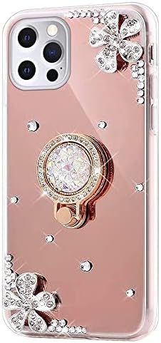תואם עם אייפון 11 מקרה מראה, קריסטל משובץ יהלומי פרחי ריינסטון גליטר בלינג מראה חזרה עבור בנות נשים סיליקון