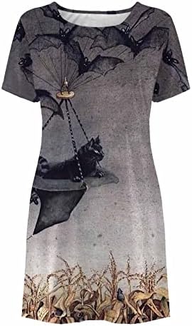 ליל כל הקדושים חולצה שמלה לנשים קצר שרוול גולגולת חתול הדפסת מיני בסוודרים שמלות מקרית צווארון עגול גרפי טוניקת שמלה