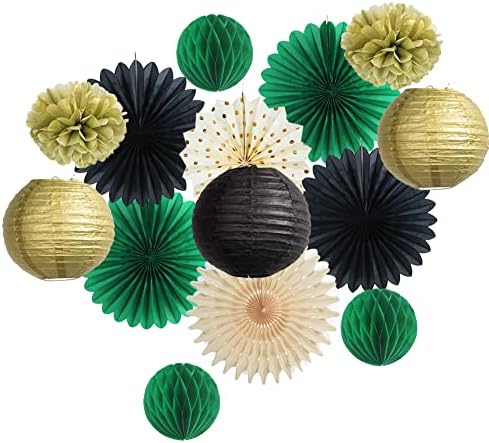 ירוק שחור זהב מסיבת קישוטי רקמות נייר פום פום פנסי אוהדי המפלגה דקור ירוק שחור יום הולדת קישוטי עבור גברים ערכת