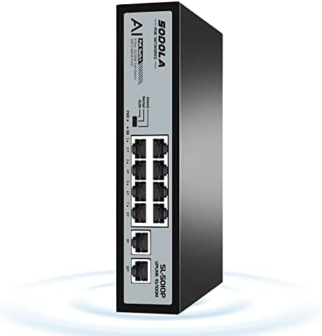 Sodola 8 port poe switch 100mbps/8 poe+ יציאה, 2 Ethernet uplink, 120W 802.3af/at, הרחבת פונקציה, Plug Metalless & Play