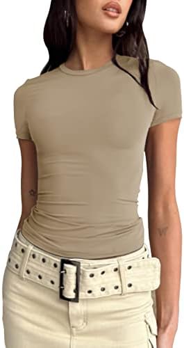 SAFRISIOR נשים יבול מוצק בסיסי חולצות טייז עגול צוואר עגול צורה שרוול קצר מתאים אימון טיול חולצת יוגה ריצה אתלטית