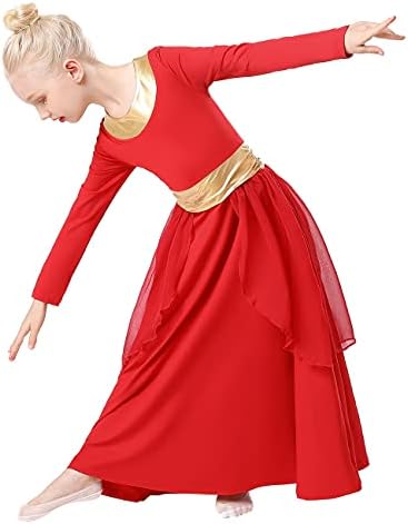 HIHCBF בנות שרוול ארוך שמלת ריקוד שבח ליטורגי מותן מתכת