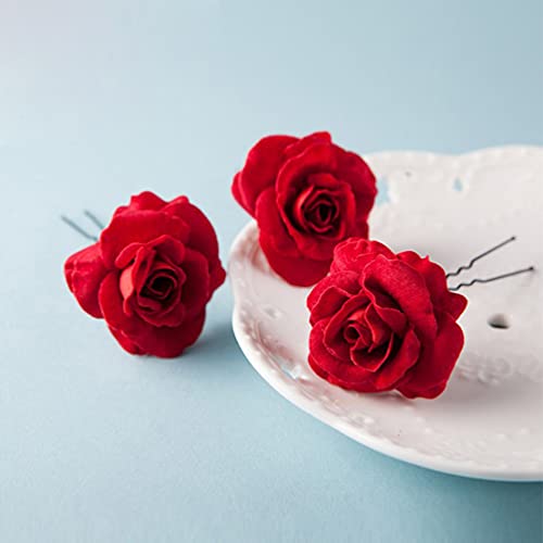 קליפי שיער גותיים 6 יחידות קליפ שיער פרח ורד אדום, סיכות פרחים בצורת U סיכות שיער ורד אביזרי שיער ורד לאביזרי מסיבת חתונה