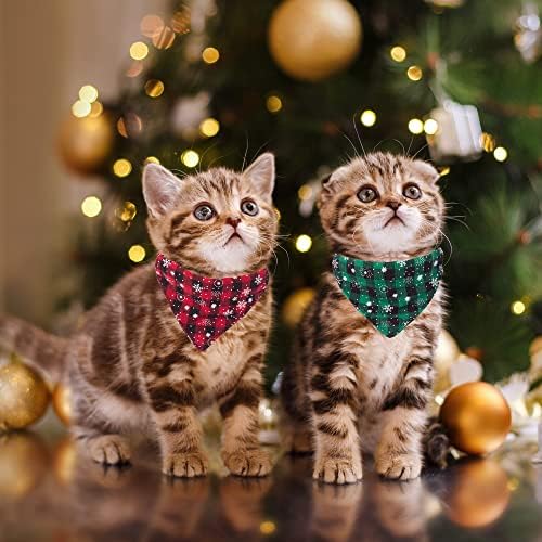 חג המולד חתול קולרים הבדלני עם פעמון, 2 חבילה מתכוונן חתול צווארון עם נשלף בנדנה, אדום ירוק משובץ פתית שלג חתול בנדנה