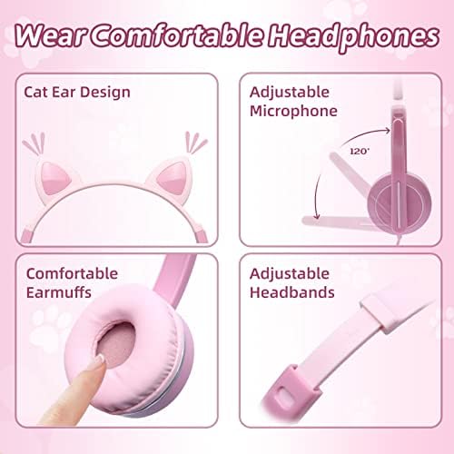 AKZ CN COM אוזניות לילדים, אוזניות אוזניים של חתול עם מיקרופון לילדים בנים ובנות, אוזניות קוויות עם שקע 3.5 ממ ללמידה מקוונת,
