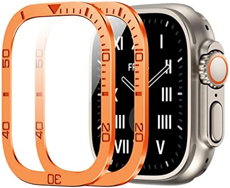 מארז מתכת כתום של SWUU 2 תואם למארז Apple Watch Ultra 49 ממ עם מגן מסך זכוכית מחוסמת, מסגרת טבעת לוחית מובנית