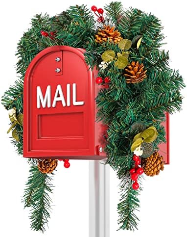 חג המולד המלאכותי SWAG תיבת דואר סוואג עם מחטי אורן ירוקות חרוטים אורנים ופירות יער אדומים ירקות פו אורן סוואג חורף
