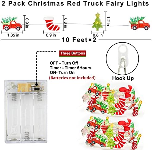 2 חבילה אורות פיות של משאית אדומה לחג המולד 20 רגל 60 נוריות LED אורות מיתר חג המולד סוללה אורות מיתר המופעלים