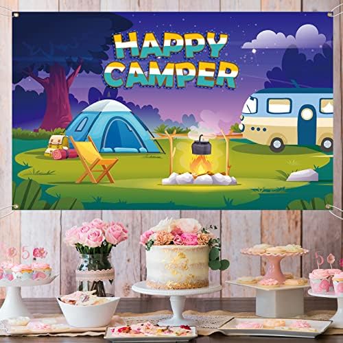 MelteLot Happy Camper רקע באנר מחנה קישוטי מסיבות נושא-הרפתקאות היער קמפינג ליום הולדת