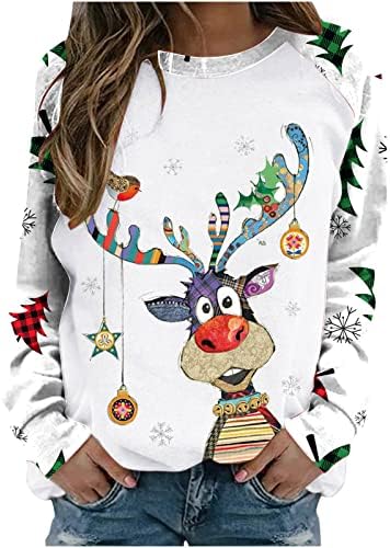 חולצות שרוול ארוך לחג המולד לנשים סווטשירטים מזדמנים איילים צבעוניים חולצות הדפס שלג חולצות טוניקה חולצות סוודר