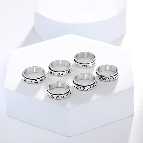 RLMOON 6 יחידות נירוסטה ספינר טבעת טבעת חרדת בעלי חיים חמוד טבעת לבת מתח הקלה על טבעת חתול צב פנדה לנשים גברים בגודל 5-10