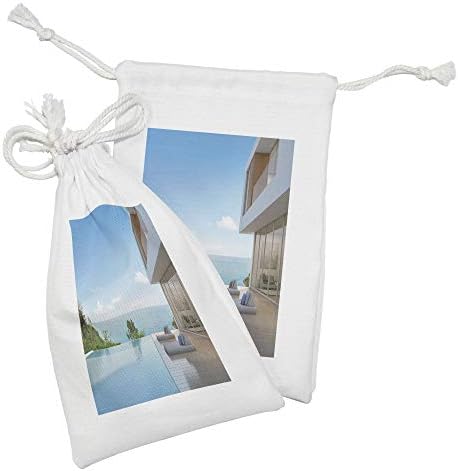 ערכת שקית בד לבן של Ambesonne של 2, עיצוב מינימליסטי מודרני בית קיץ בית קיץ עם הדפס אוקיינוס, תיק משיכה קטן למסכות ומוצרי טיפוח