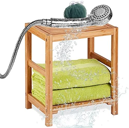 ספסל מקלחת במבוק XXIOJUN עם מדף אחסון, שרפרף אמבטיה למנוחה ברגל שרפרף גילוח, מושב מקלחת לסלון, חדר שינה, פנאי גינה