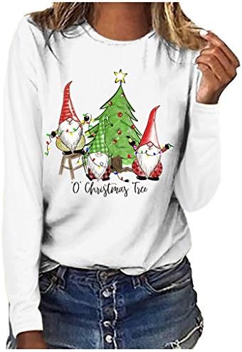 חולצות טריקו של שרוול ארוך לחג המולד לנשים חולצות טריקו להדפס גרפי גנום עץ חג המולד דפוס סווטשירט סווטשירט סווטשיר
