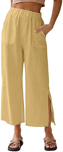 Meymia נשים מכנסי פשתן כותנה מכנסיים קז'ן קל משקל קל בצבע מוצק רופף רופף רגל רחב רגל מותניים אלסטיים מותניים יוגה
