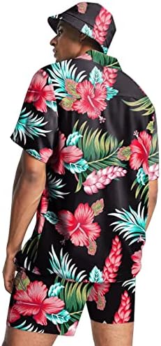 סטי חולצות הוואי לגברים 2 חלקים כפתור למטה לבוש חוף תלבושת הדפסת אלוהה טרופית עם כובע דלי