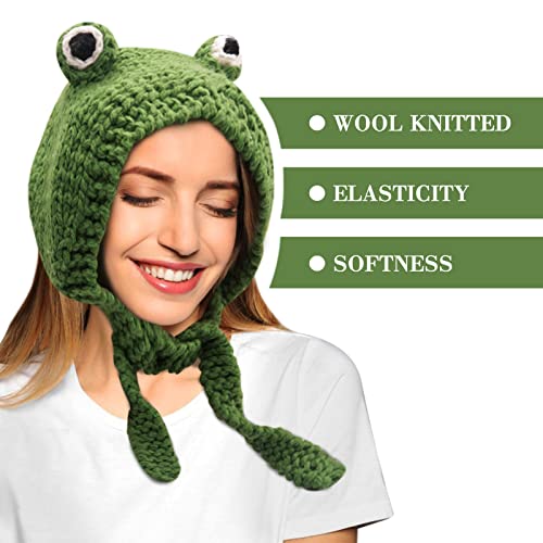 כובע סרט צפרדע חמוד סרוג סרוג סרט בחוץ גדול עין צפרדע כובע אוזן מגן ירוק