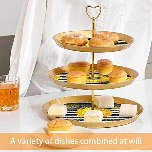 דוכן עוגה, דוכן הקאפקייקס, קינוח עומד שולחן תצוגת סט,צהוב חמניות פרח שחור פס דפוס