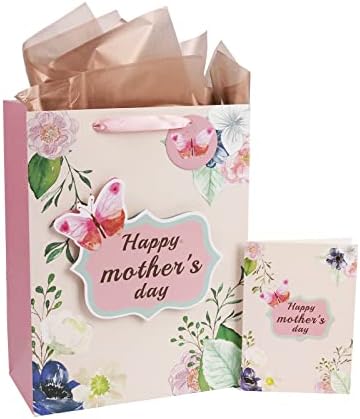 מייפלוס 13& 34; שקית מתנה גדולה עם כרטיס ברכה ונייר טישו-דפוסי פרחים ורודים ליום אמהות