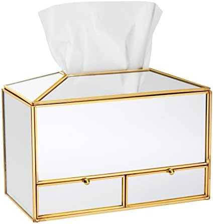 כיסוי קופסת רקמות זהב מראות עם 2 תאי מגירות, מחזיק תיבת רקמות דקורטיביות מלבניות לחדר אמבטיה