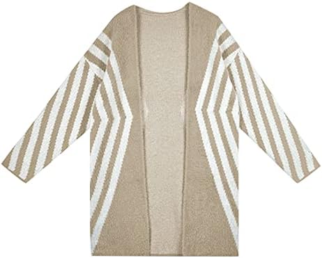 נשים של ארוך פתוח קדמי אפודות פסים צבע בלוק רופף לסרוג סוודרים להאריך ימים יותר מעיל