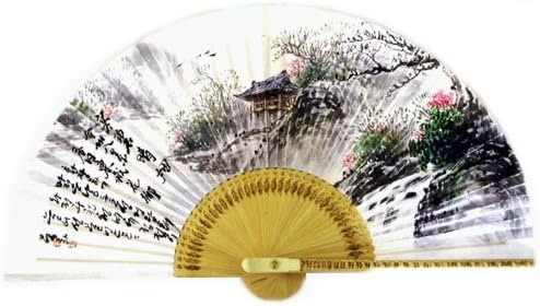 עתיק חי עתיק צבוע בציור נוף מתקפל של ביתן נהר באביב קוריאני אורז קוריאני נייר לבן נייר במבוק אמנות כף יד מאוורר