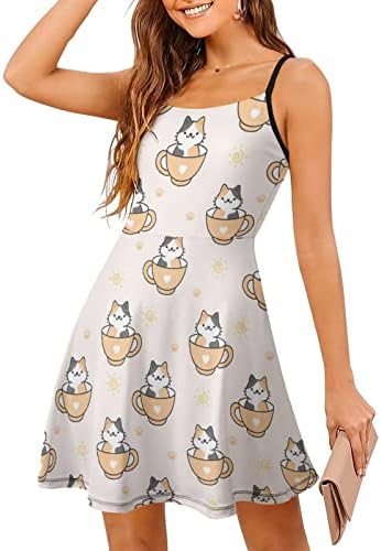 חמוד חתולים וכוסות הדפסת חוף שמלה לנשים ללא שרוולים ספגטי רצועת הוואי שמלה קיצית מיני