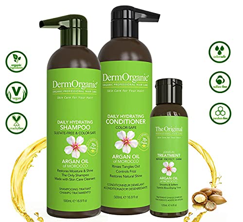 Dermorganic Shampoo Shampoo & Duo Duo, 16.9 גרם כל אחד + טיפול בהשאלה לשיער עם שמן ארגן, 4 פל. עוז