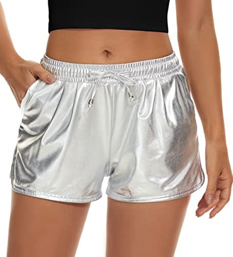 מכנסיים קצרים מטאליים של טיידי לנשים מכנסיים קצרים ומבריקים נוצצים עם משיכה אלסטית