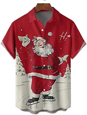 Hodaweisolp Mens Halloween חולצות חג מולד פנקי סנטה כפתור למטה חולצה מודפסת שרוול קצר חולצות באולינג
