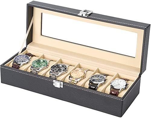 6 חריץ עור מפוצל שעון תיבת תצוגת מקרה תכשיטי ארגונית עם זכוכית למעלה