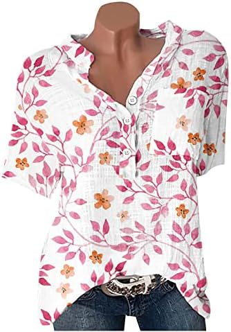 נשים של פרחוני כותנה פשתן חולצות קיץ אופנה קצר שרוול כפתור עד צוואר חולצות בתוספת גודל מזדמן רופף חולצות