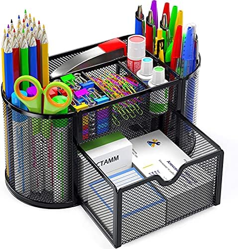 שולחן ארגונית רשת שולחן עבודה ציוד משרדי רב תפקודי נושא כלים מחזיק עט מכתבים עם 8 תאים 1 מגירה עבור בית, בית